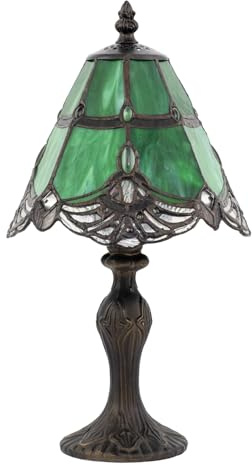 Happy Homewares Quirky and Petite Green Stained Glass Tiffany Table Lamp with Transparent Oval Beads | 35cm x 19cm | Ornate Bronze Base with Inline Switch