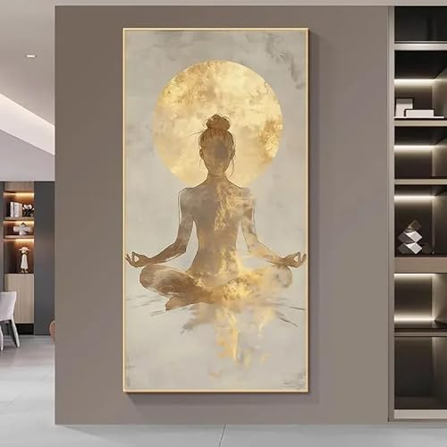 Modern målning Abstrakt meditation Canvastavla Beige Guld Lugn meditation Poster Minimalistisk Vardagsrum Sovrum Yoga (60X120cm)