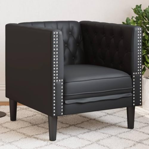 Ordellia Chesterfield-fåtölj, svart konstläder, klassisk klubbfåtölj för vardagsrum, kontor, läshörna, bekväm klädselstol med knapphäft, robusta träben