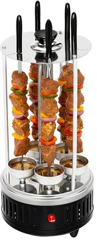 Barbecue électrique de table électrique 1000 W - 400 à 500 °C - Avec bac récupérateur de graisse - Barbecue à brochettes en acier inoxydable pour brochettes et poulet rôti (5 brochettes)