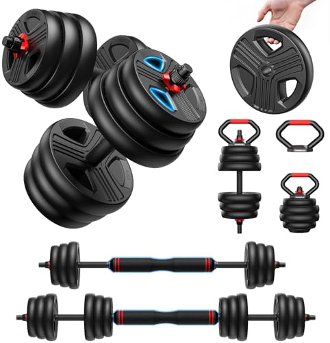 FEIERDUN 10/15/20/25/30/40kg 5 En 1 Kit Haltères Musculation, Poids Réglable, Disque Musculation Dumbbells Barres Pour La Salle De Sport | Haltère longue, kettlebell, support de pompes pour entraînement complet du corps, musculation pour homme et femme