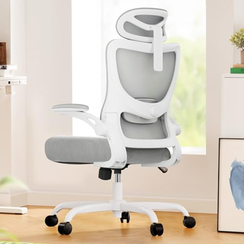 Marsail Bürostuhl, Bürostuhl Ergonomisch, Schreibtischstuhl Verstellbarer | 3D Armlehnen, 2D Lendenstütze & Kopfstütze , 120° Wippfunktion Mesh-Rückenlehne, 10 cm höhenverstellbar, bis 150 kg, Grau
