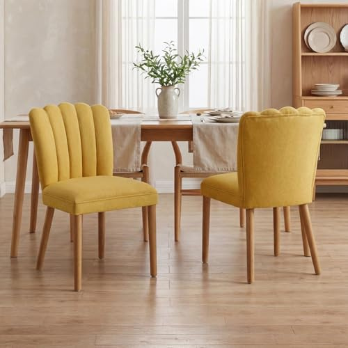 DAYALANE Retro Esszimmerstühle,2er Set, Küchenstuhl Holz, Gelb | Polsterstuhl aus Leinen, mit muschelförmiger Rückenlehne, Armloser Essstühle für Wohnzimmer & Küche