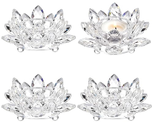 INTERWARM 4 Porte Bougie Chauffe Plat en Cristal en Forme de Lotus Bougeoirs Votifs en Forme de Pétales de Lotus Bougeoirs Votifs Transparents en Forme de Pilier pour la Décoration de Table Clair