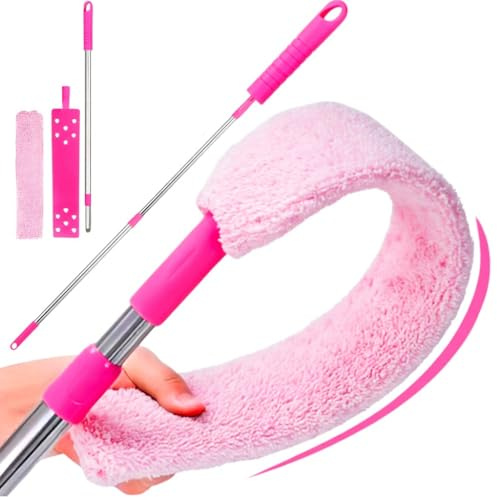 Plumero Microfibra Telescópico Extensible Limpia Polvo con Mango Ajustable de Acero Inoxidable, Cabeza Flexible y Lavable para Hogar, Sofá, Muebles, Radiadores y Espacios Reducidos Rosa (Rosa)