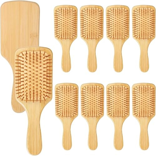 10 cepillos de pelo de bambú, cerdas de bambú de punta redonda a granel, cepillo desenredante, paleta de masaje ligero, antiestático, para mujeres, hombres y niños, estimula el cuero cabelludo para el