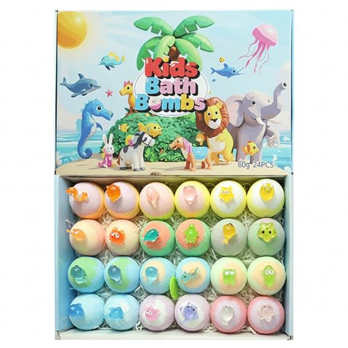 Bombe da bagno per bambini, 24 bombe da bagno a sorpresa fosforescenti con giocattoli all'interno, cestini pasquali con bolle, figure di animali divertenti per il bagnetto