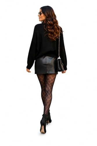 Yummy Bee - Silky Collant Losange Noir - Collants Opaque Motif Diamant - Grande Taille (Noir, L)