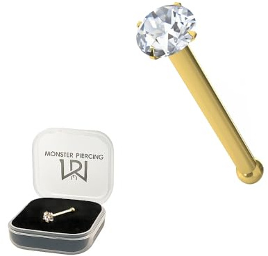 Monster Piercing | 9K Gold Echtgold | Nasenpiercing Nasenstecker Stud | Stabstärke: 22G (0,6 mm) | Stablänge: 6mm | Steingröße: 1,5MM bis 2,5MM | Hypoallergen