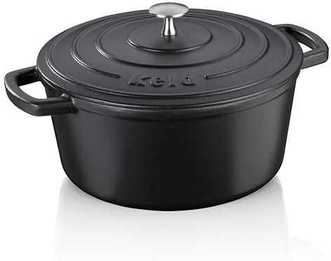 kela 12472 Roaster with lid, Cast Iron, Enamel Coating, High Heat Storage, Suitable for Induction, 5 L, Black, Round, Calido