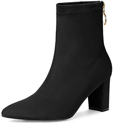 Allegra K Women's Pointed Toe Zipper Chunky Heels Ankle Boots Black 6