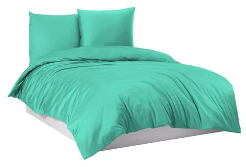 Parure de lit 100 % coton avec housse de couette 135 x 200 cm, 155 x 220 cm, 200 x 200 cm, couleur : turquoise, dimensions : 155 x 220 cm