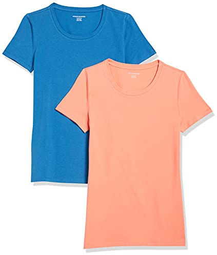 Amazon Essentials Women's Kortärmad T-shirt med rund hals klassisk passform, Pack of 2, Blå/Korallorange, XS