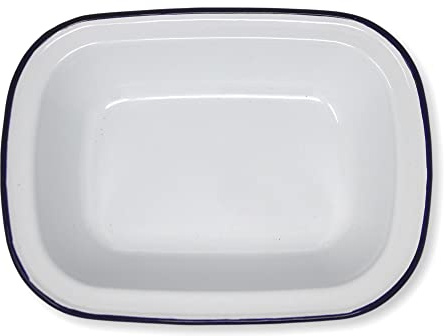 White 20cm Long Oval Enamel Pie Dish with Navy Blue Edging | Tableware | Metal Outdoor Camping Roasting Oven Dishes | Traditional Classic Style