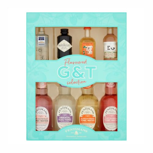 Fentimans Flavoured Tonics Gift Set – 4 x 200ml Tonics with 4 x 50ml Gins: Sipsmith Orange, Edinburgh Rhubarb & Ginger Liqueur, Hendrick’s, Martin Miller’s – Premium Tasting Gift by Blue Tree Gifts