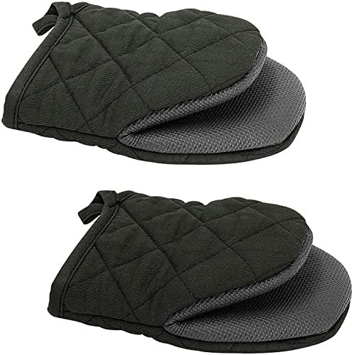 1 Pair Short Oven Mitts, Heat Resistant Silicone Kitchen Mini Oven Mitts for 500 Degrees, Non-Slip Grip Surfaces and Hanging Loop Gloves, Baking Grilling Barbecue Microwave Machine Washable (Black)