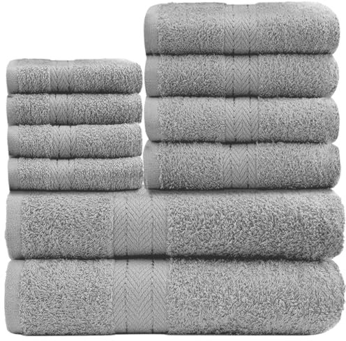 GC GAVENO CAVAILIA 10 Piece Towel Bale Set | Quick Drying Cotton Towel Highly Absorbent 450 GSM Silver Towels Set | Bathroom Towels Bale Set 4x Face 4x Hand 2x Bath Towels