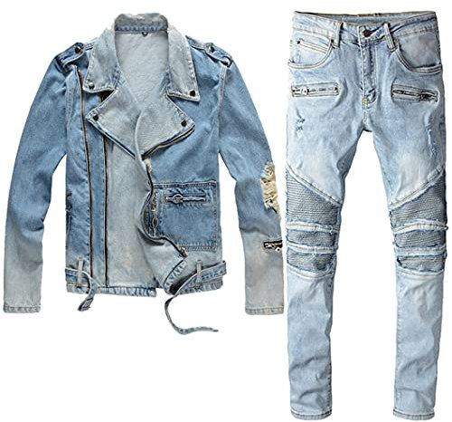 Automne Homme Biker Jeans Ensembles Bleu Clair Trou Déchiré Fermeture éclair Design Veste + Jeans Biker Stretch Style Punk Deux Pièces Ensembles Veste Jeans L Jeans 33