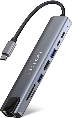FITLONG USB C Hub, USB C Adapter Docking Station mit 4K HDTV, LAN Ethernet Port, PD Port, USB-C & 2 USB-A Datenports, SD/TF Kartenleser, für MacBook Air, MacBook Pro, und mehr Typ C Geräten