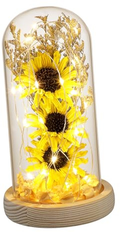 Artificial Sunflower in Glass Dome, Enchanted Flower with LED Light Sunflower Light Decor for Valentines Day Christmas Festival, Yellow