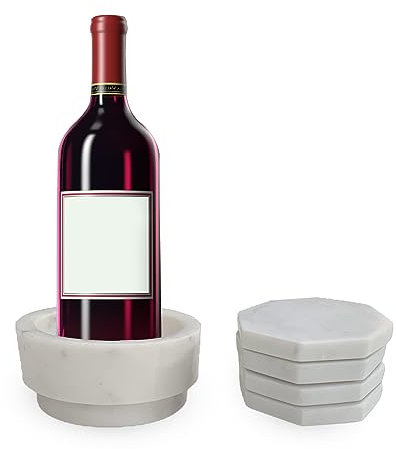 Enfriador de vino de mármol, pequeño soporte para bebidas ideal para fiestas y ocasiones. Este juego incluye cuatro posavasos octogonales de mármol de material natural de alta calidad (blanco)