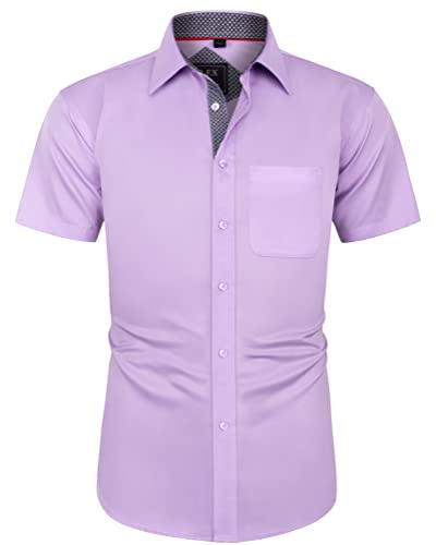 J.VER Short Sleeve Shirts Men Light Purple Non Iron Stretch Dress Button Down Business Smart Casual Summer Shirt L