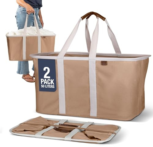 CleverMade Collapsible Laundry Tote 2-Pack (50L) – Foldable Carry-All Storage Bin for Laundry, Car Trunk, RV, Dorm & Home Organization – LUXE Cotton Blend with Vegan Leather Accents, Mocha