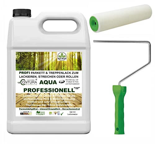 5 Liter Parkettlack im Set inklusive Lackierrolle Grundierung und Parkettsiegel Aqua Professionell Treppenlack 2in1 Holzlack Geruchsneutral 100% Vegan (Glänzend)