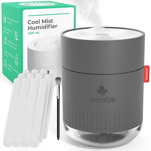 Aerobe Humidifier for Bedroom with Night Light & 12 Extra Filters, 500ML Cool Mist Humidifiers for Home and Plants, Humidifiers for Baby with 12~16 Working Hours, Waterless Auto-Off Mini Humidifier