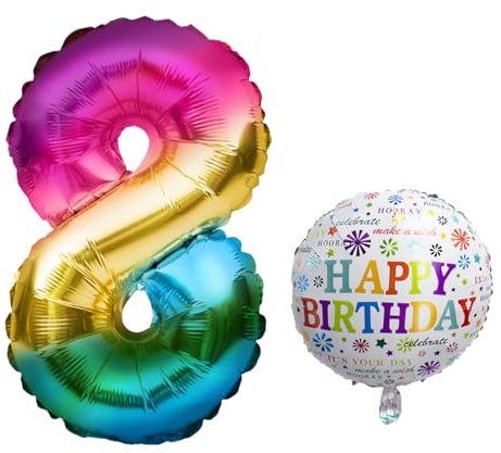 Luftballon 8. Geburtstag - XXL Riesen Folienballon Set Mit 101cm + 45cm + 5M Deko Band - Helium Geeignet, Wiederverwendbar - Geburtstagsdeko für Jungen Mädchen Zahl 8
