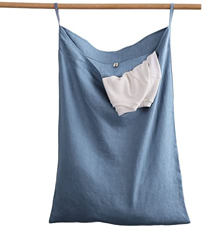 Amazhiyu 100% Leinen Wäschesack Türhängend 70x50cm Blau | Platzsparend, Für Badezimmer, Schlafzimmer, Kinderzimmer, Robust, Luftzirkulierend