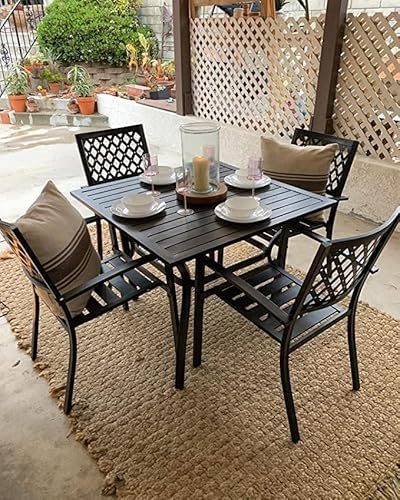 PHI VILLA 4 Seater Metal Garden Table and Chairs Set for Bistro Patio Black | E-coated Rust-resistant Steel Patio Furniture Set, Table with 4cm Parasol Hole, 4 Stackable Chairs, Saving Space