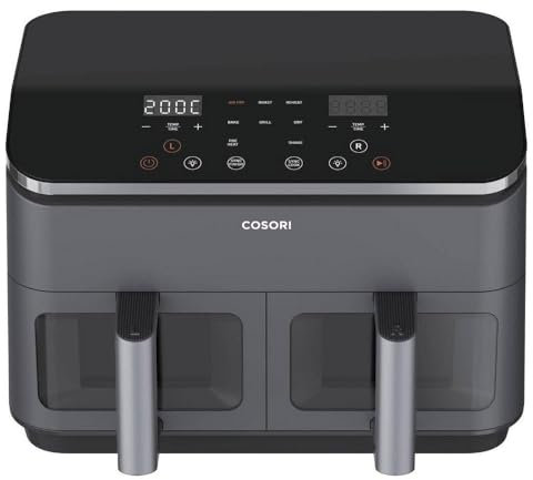 COSORI Heißluftfritteuse 2 Kammern, Testsieger der Stiftung Warentest, 6-in-1 Dual Zone Air Fryer 8,5 L, Doppelkammer mit Sichtfenster für ausgewogene Mahlzeit, Helles Silber