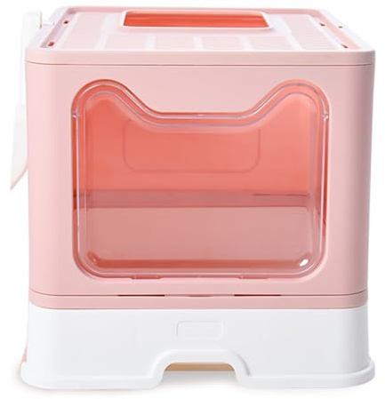 Caja de arena para gatos completamente cerrada con tapa, tipo de cajón, desodorizante, grande, plegable, con pala de plástico para mascotas, adecuado para gatos de todas las edades (rosa, XXL)