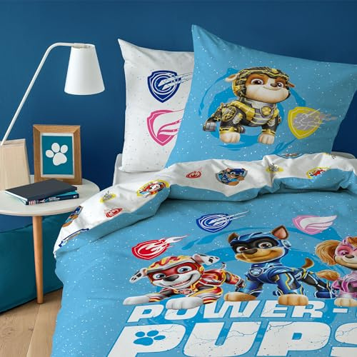 Pat Patrouille Power Parure de lit imprimée 100% coton - Licence officielle | Housse de Couette 140x200 cm + 1 taie 63x63 cm | Fermeture avec rabat | Chambre enfant, lit 1 place | Certification Oeko-Tex