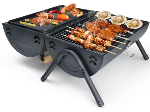 Neloheac Holzkohlegrill Tragbar mit Deckel, Multifunktional Tischgrill Holzkohle Doppel Grillfläche, Abnehmbare Campinggrill für Outdoor Kochen BBQ
