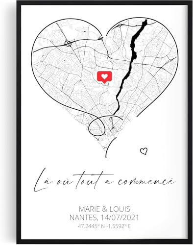 Tassenliebling® Cadeau Personnalisé Homme ou Femme - Poster (A4 ou A3) avec ou sans Cadre - Là où tout a commencé - Cadeau couple amoureux pour son Copain, Copine - Anniversaire St Saint Valentin