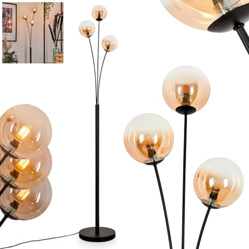 Stehleuchte Bernhardo, Stehlampe aus Metall/Glas in Schwarz/Bernsteinfarben/Klar, Leuchte im Retro/Vintage-Design mit Schirmen aus Glas (Ø 12 cm), dimmbar über Fußschalter, 3 x G9, ohne Leuchtmittel
