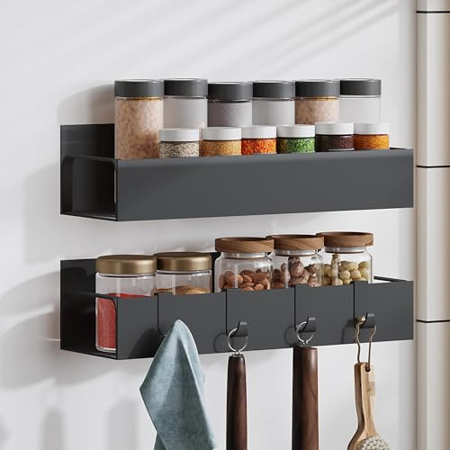 2 Stück Gewürzregal Wand Ohne Bohren, Magnetisches Gewürzregal Hängend Gewürz Organizer mit Haken Küchenregal Wand Ohne Bohren Für Küche, Schrank, Schranktür, Speisekammertür (Schwarz)