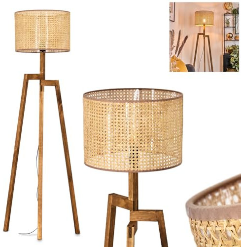 Stehleuchte Bassagoda, Stehlampe aus Holz/Korbgeflecht in Natur/Beige, Leuchte im skandinavischen Design mit Schirm aus Stoff (Ø 40 cm) u. Fußschalter, Höhe 162 cm, 1 x E27, ohne Leuchtmittel