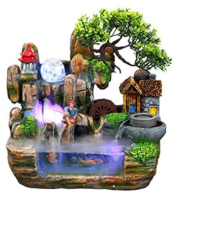 Fontana da interni Feng Shui Fontana d'acqua paesaggistica artigianale in resina con ornamento a cascata da tavolo for interni di grandi dimensioni con decorazioni for il giardino domestico a LED che