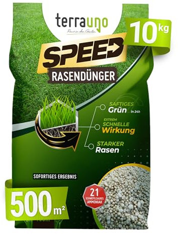 Terrauno Turbo Rasendünger SPEED Frühjahr/Sommer & Herbstrasendünger, Sofortwirkung in 24 Stunden, Universaldünger, 10 kg für 500 m², schneller Wachstumsschub und saftiges Grün
