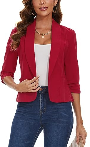 LADI TREND Blazer ouvert sur le devant pour femme - Veste de costume à manches 3/4 froncées - Cardigan décontracté avec poches plaquées, R-rouge, XL