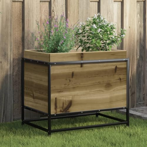 Tino Tech Fioriera 60 x 40 x 50 cm, in legno di pino e acciaio, aiuola da balcone, fioriera da giardino, colore marrone