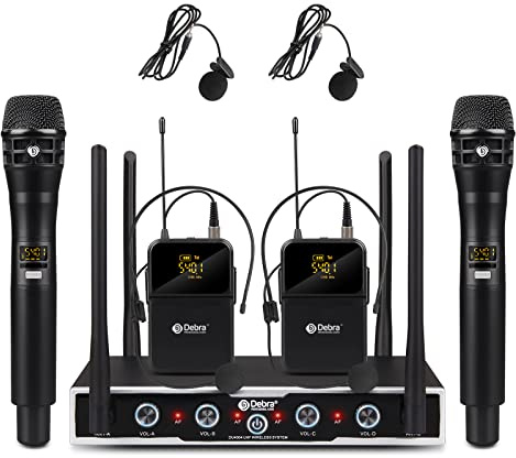 D Debra Audio Wireless Microphone System Pro DU4004 UHF 4 * 16 Adjustable Channel Wireless Handheld Lavalier Headset Mics, Ideal for Meeting Church Speech Party (2 Handheld 2 Bodypack)