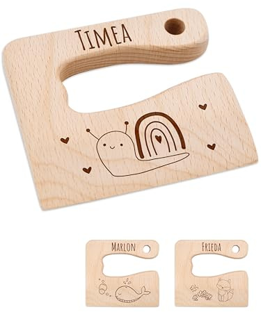 Bärenfreunde® - Personalisiertes Montessori Kinder Messer mit Gravur - Sicheres Holz Baby Besteck mit abgerundeten Kanten - Geburtstag Baby Geschenk (Schnecke)