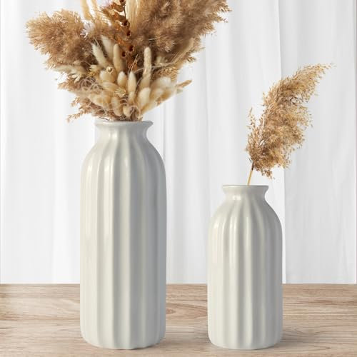 Vase en Céramique Blanche iulrtba pour Herbe de La Pampa, Vases à Fleurs Séchées, Décoration Intérieure Boho, Lot De 2