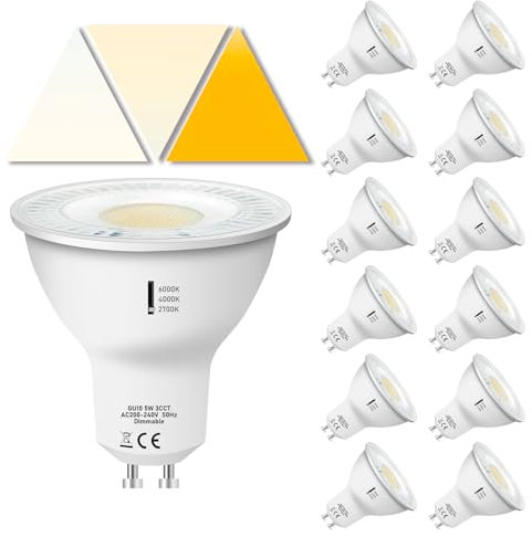 Jaenmsa Lampadine Led GU10 5W 500LM, Dimmerabile, Bianco Caldo 2700K Bianco Neutro 4000K Bianco Freddo 6000K, 3 Temperature di Colore Regolabili, 120° Angolo del Fascio, 230V, Confezione da 12