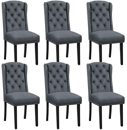 Yaheetech Juego de 6 sillas de Comedor de Tela Modernas Acolchadas y Elegantes Patas de Madera Maciza, Respaldo Alto con Botones, Capacidad de Carga de 140 kg, Color Gris