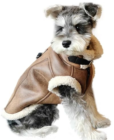 EUTYRG Hunde-Motorradjacke aus Leder, Wintermantel für Hunde mit Fleecefutter und D-Ringen, Rollkragen, Winddicht, warm, für Welpen, V (braun, XS)